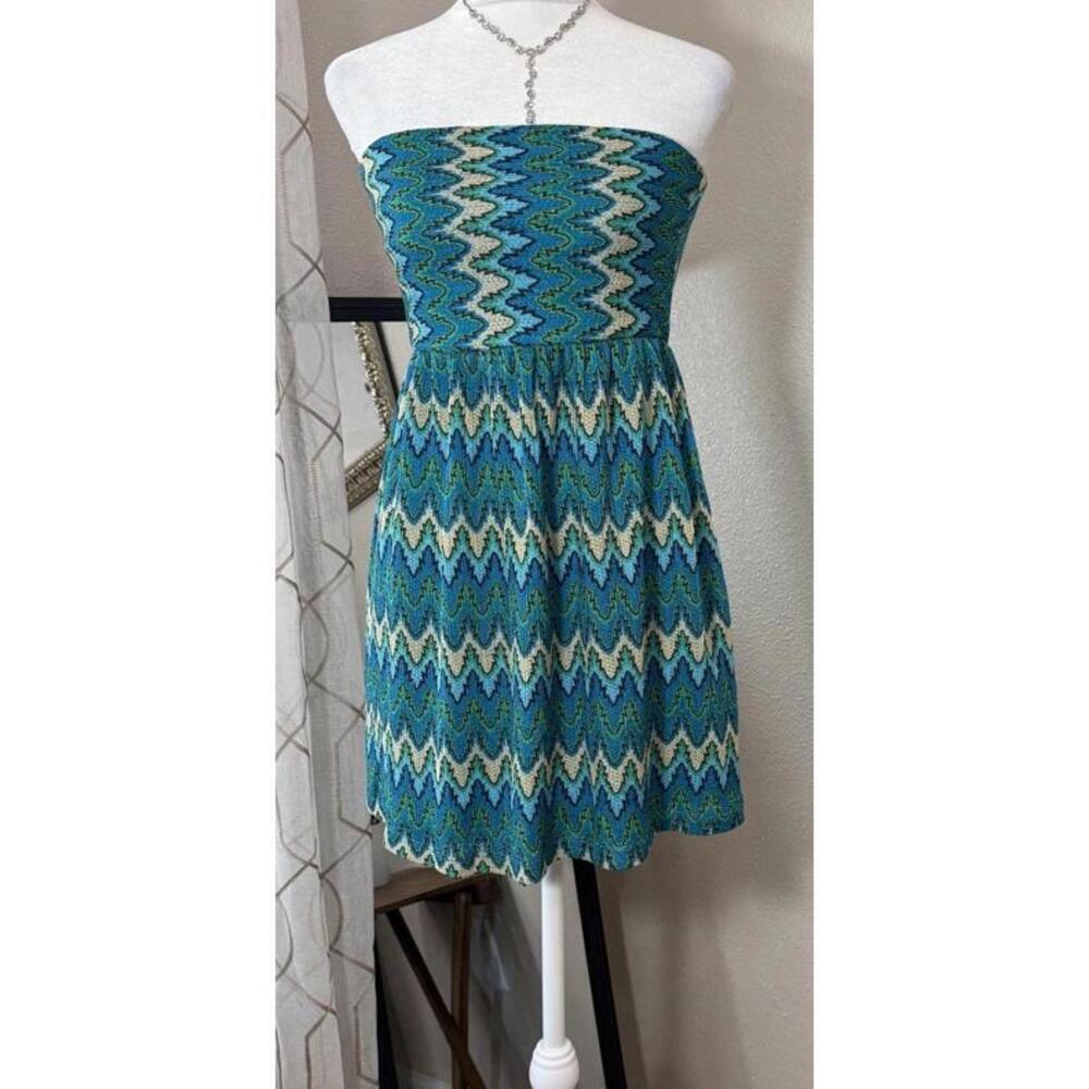Roxy Dress Womens XS Blue Green Strapless Chevron Knit Mini Beach Summer Casual